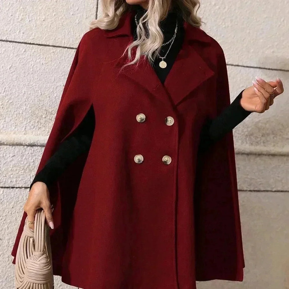 Burgundy Elegant Women's Double Breasted Cape Sleeve Woolen Coat - Picture 4 of 6